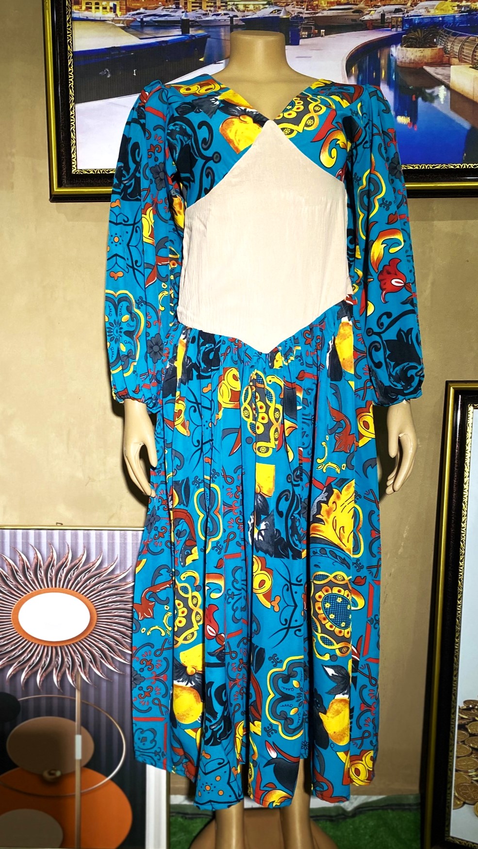 Turquoise and carton color pleated gown(0117)