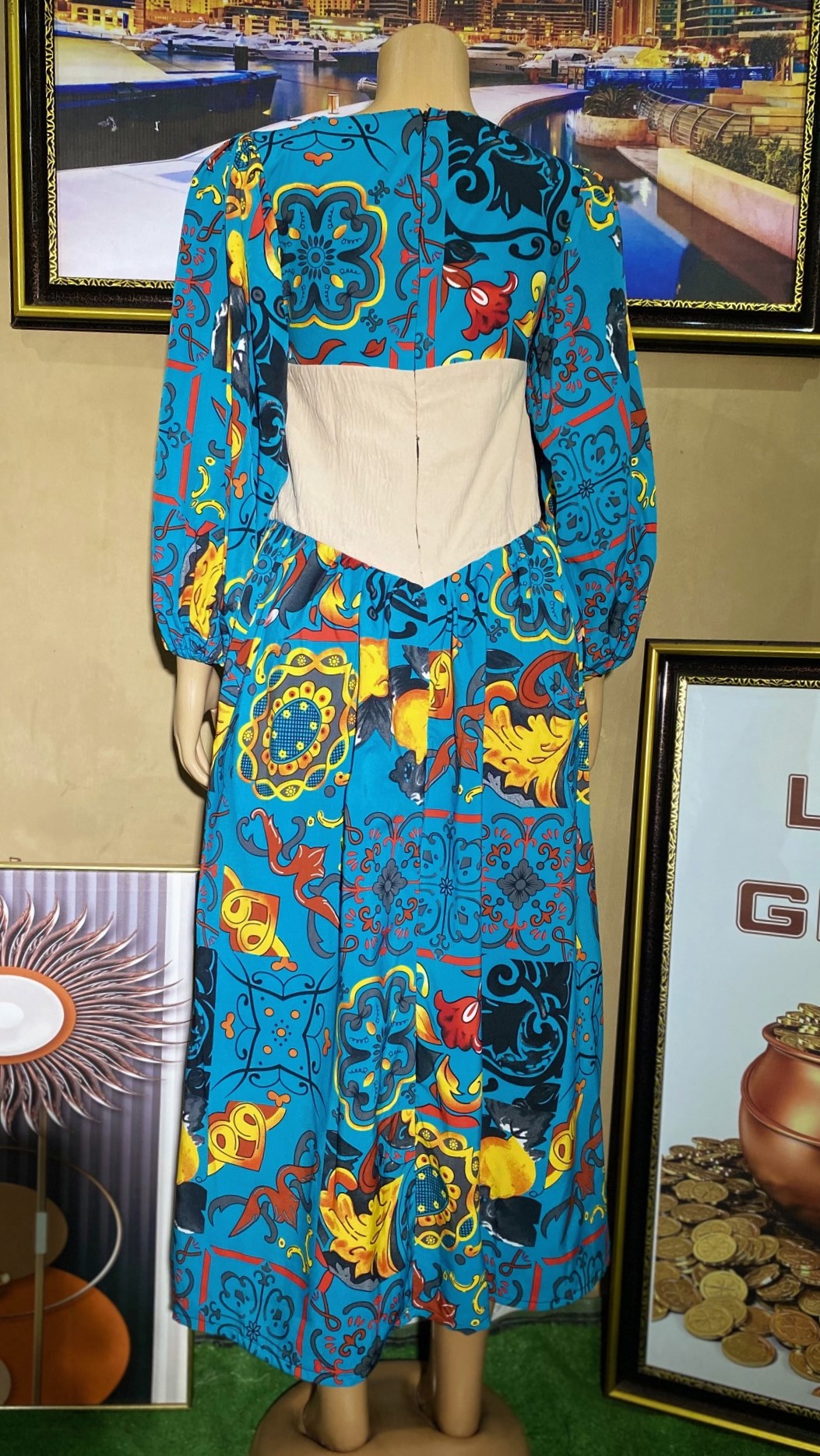 Turquoise and carton color pleated gown(0117)