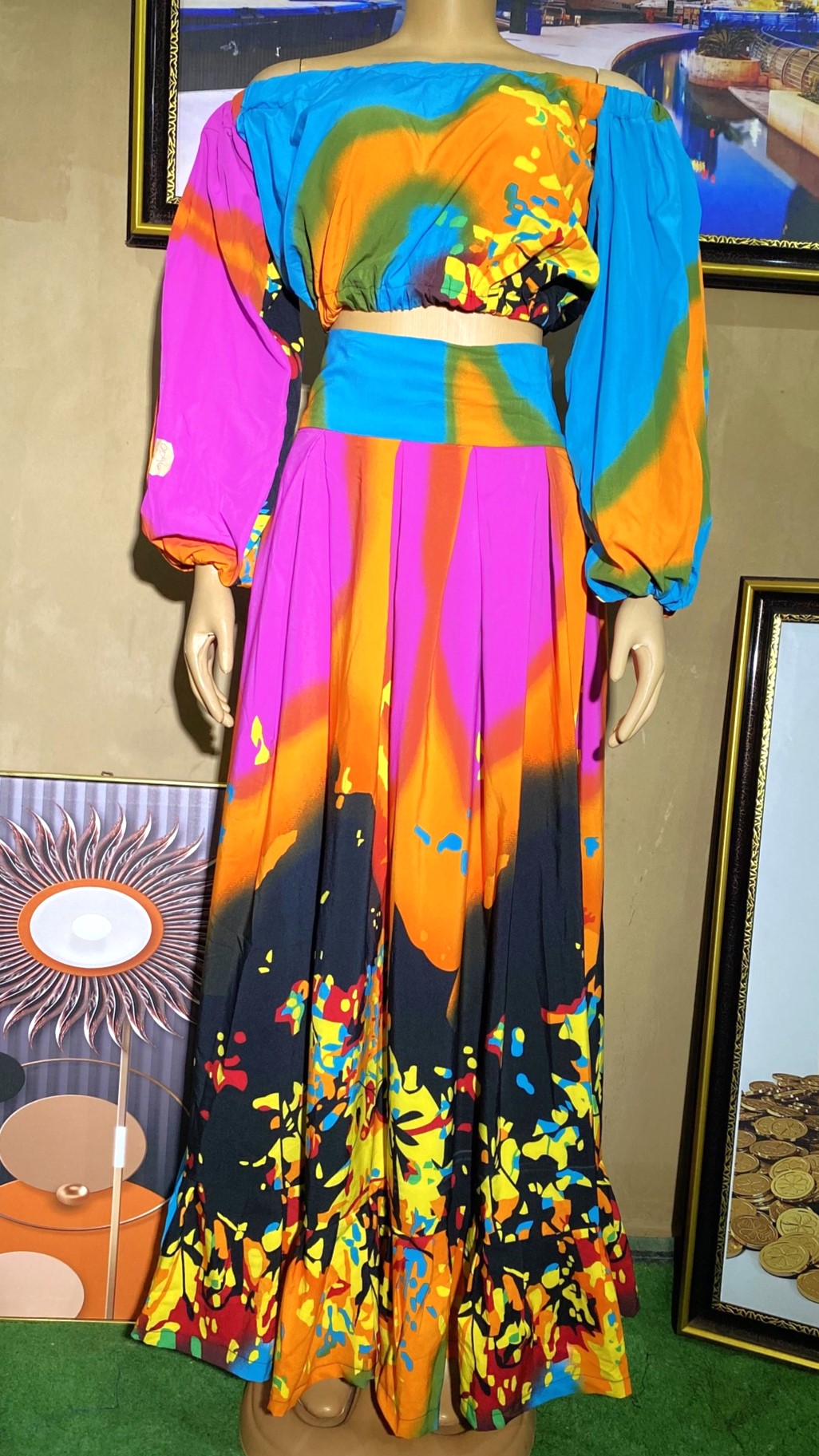 pleated skirt with crop top off shoulder (0096)